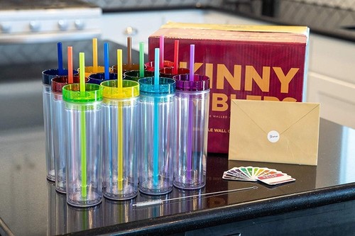 12 Colored Skinny Clear Tumblers with Splash-Proof Lids - 16oz Double Wall Ac... - Picture 6 of 11