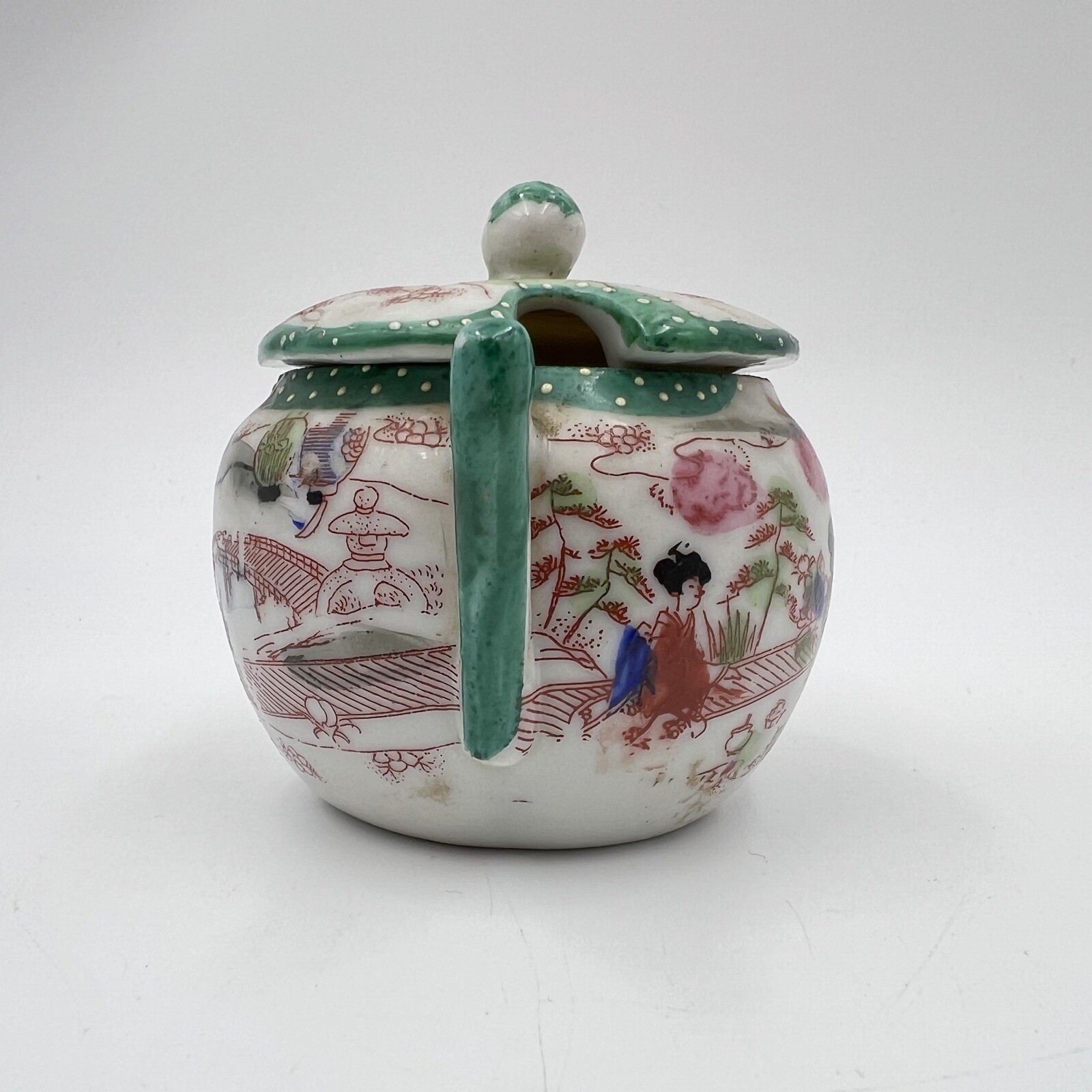 Hand Painted Japan China River Scene Set Of 2 Dishes Creamer Sugar Small Bowl