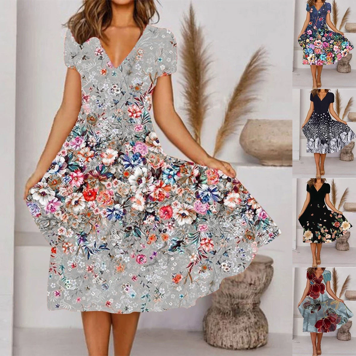 Women's Summer Casual Floral Print Short Sleeve V-Neck Flowy Swing Maxi  Dress