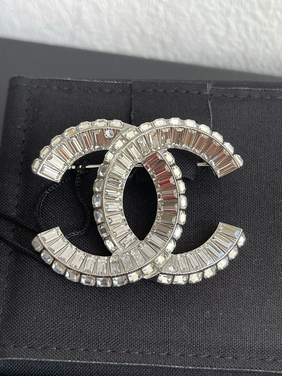 Chanel Silver Tone Baguette Crystal CC Pin Brooch Chanel