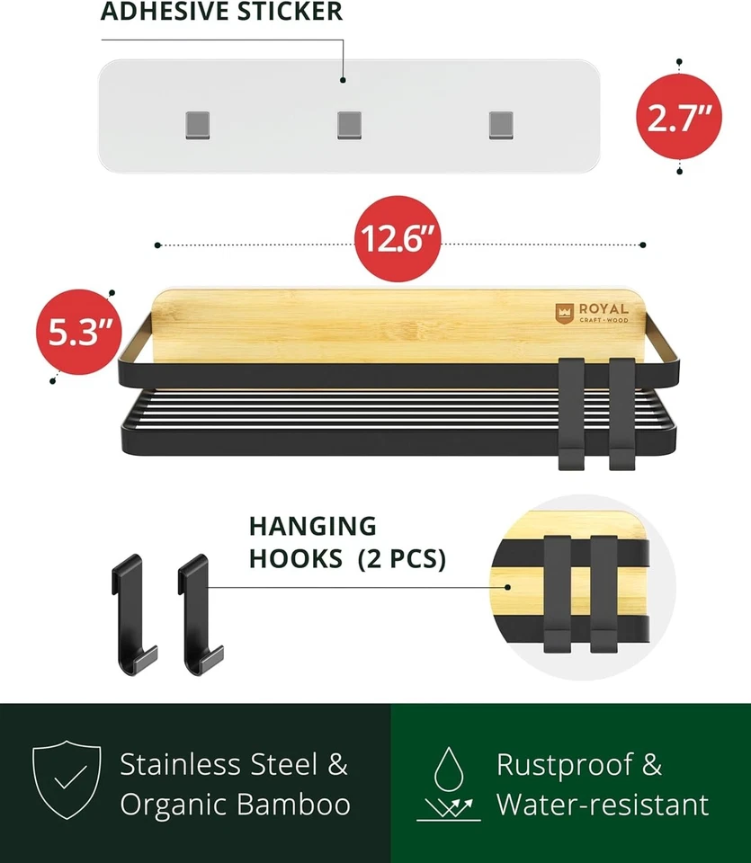 2 Pack Wall-Mounted Shower Caddy Organizer Self Adhesive Stainless Steel Bamboo - Image 3 of 4