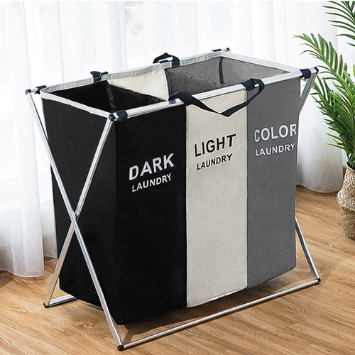 Folding Light Dark Colour 3 Section Laundry Basket Hamper Clothes Bin Organiser - Picture 4 of 16