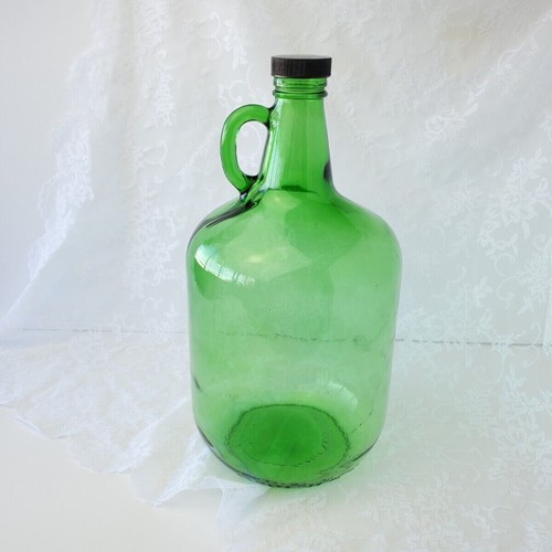 Vintage Green Glass Wine Jug with handle Demijohn Screw on Top 4 Ltr