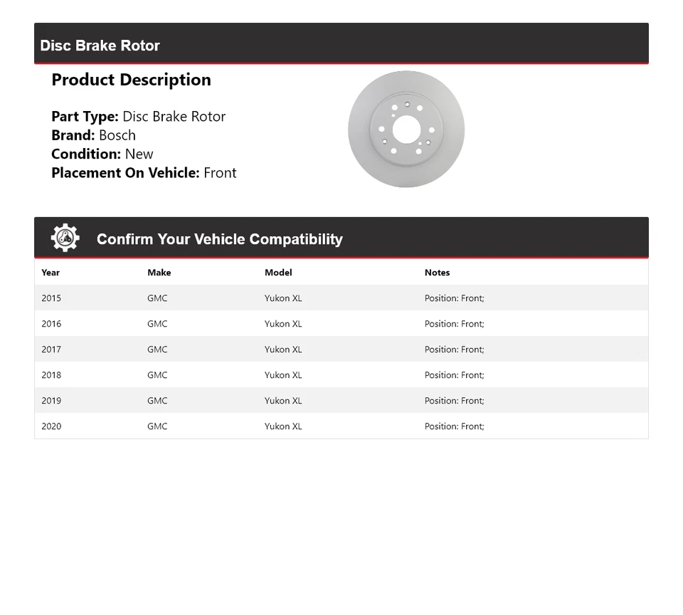 Rotor de freno de disco delantero QuietCast Bosch 2015-2020 GMC Yukon XL 2016 2017 2018 Foto 2 de 4