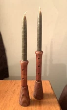 Antique Textile Wooden Sewing Bobbin Spool Beehive Candlesticks Pair Primitive