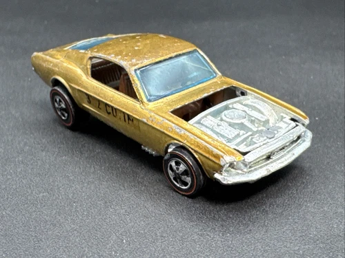 1967 Hot Wheels Original Redlines GOLD CUSTOM 67 MUSTANG missing hood HK base RL