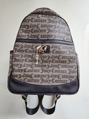 Juicy Couture Logo Backpack Brown Tan Monogram Bag Gold Lock Key Charm