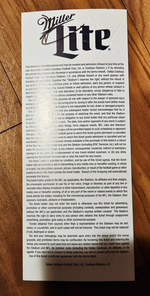 (4) 2015 Dallas Cowboys/Patriots Tickets/4 Landry Rm & 3 Owners Club Suite... - Image 4 of 4