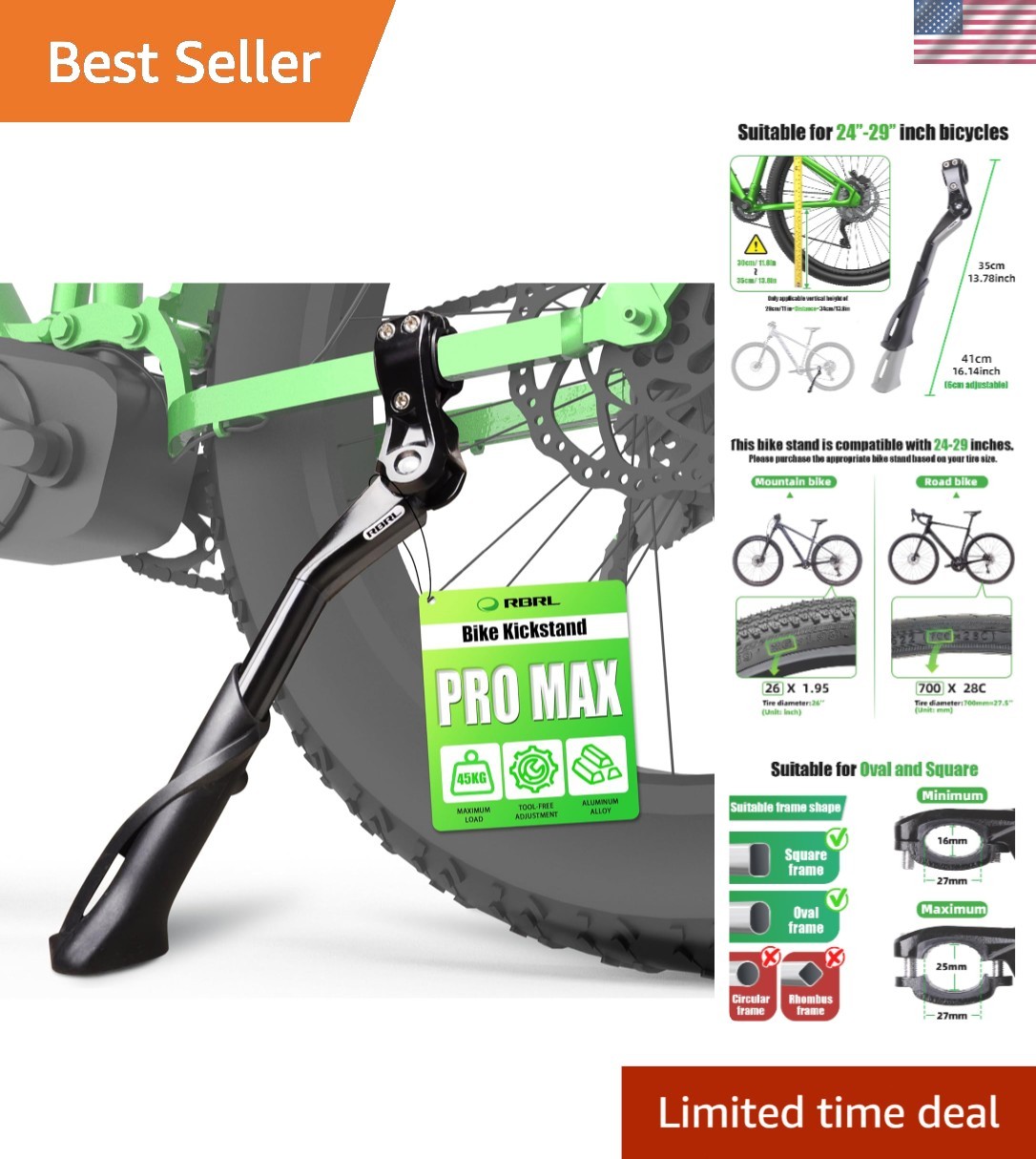 Bike Kickstand Aluminum Alloy Heavy Duty Adjustable for 24-29 Inch Bikes