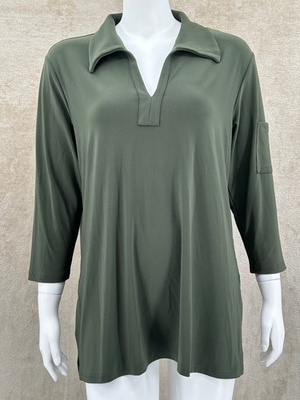 #ad Sympli Top Womens 14 Green Tunic 3 4 Sleeve Collared V Neck Stretch Lagenlook $17.99