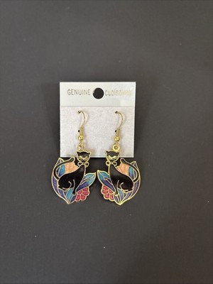 Vintage Cloisonné Enamel Cat Floral Dangle Drop Earrings Colorful Gold Tone