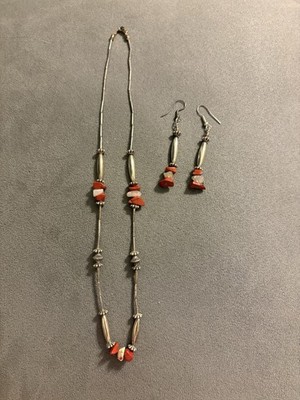 Liquid Silver Red Coral Rose Quartz Necklace And Earring Set