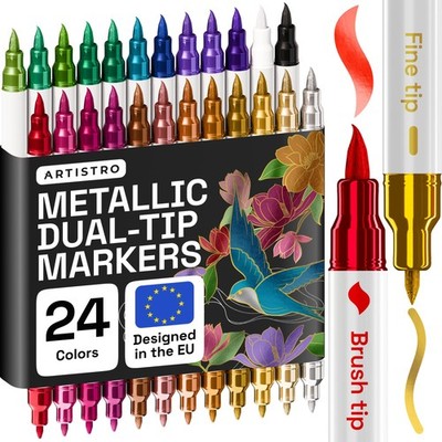 24 Metallic Acrylstifte   Dual Tip Pinsel & Fein Marker für Stoff, Leinwand, ...