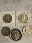 Lot of 5 Franklin Silver Half Dollars. 1952-D, 1953-D, 1953,1958,1963