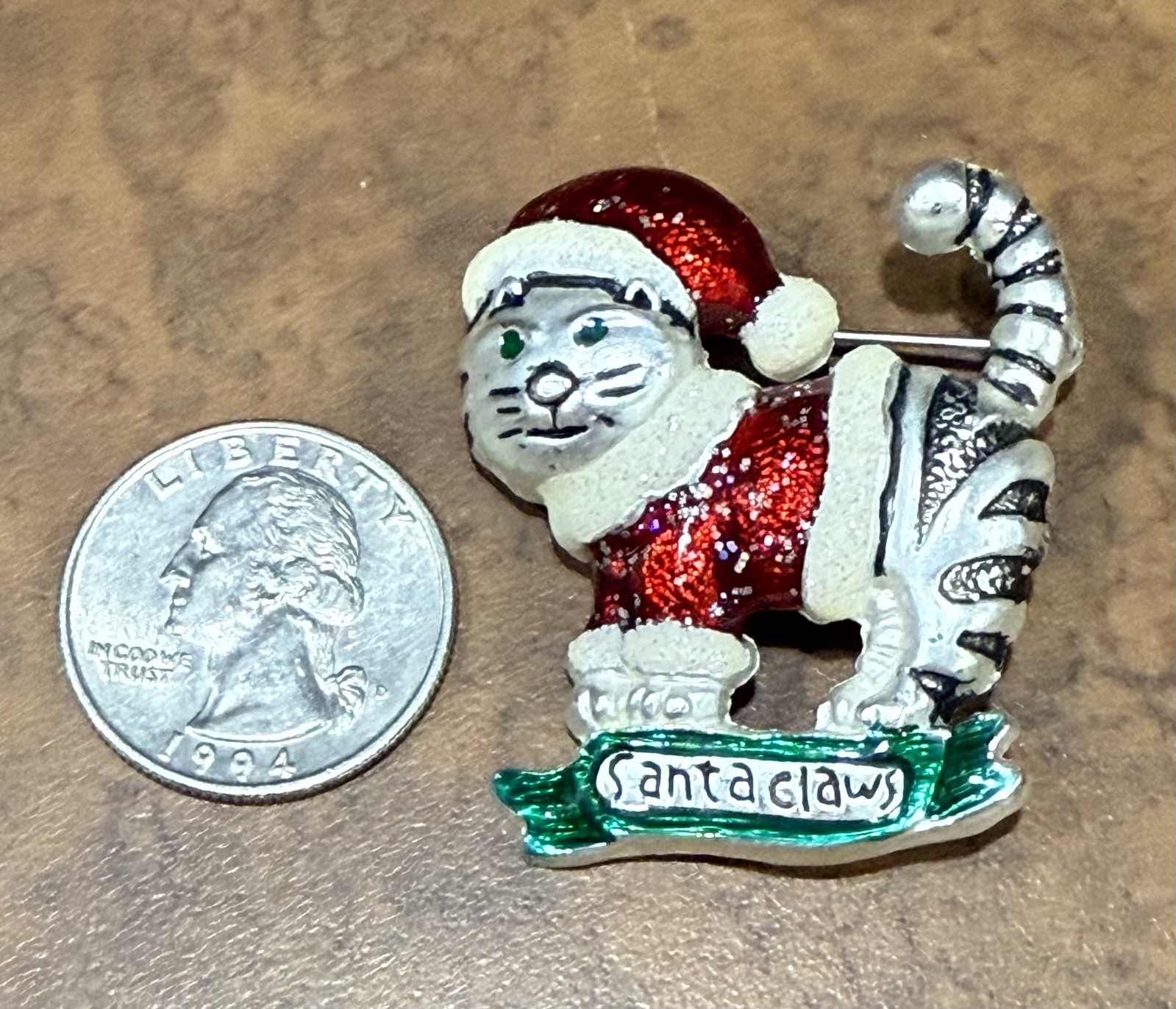 Cat Santa Claws Brooch Silver Tone Enamel Glitter Christmas Holiday X-mas Pin