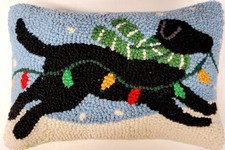 Playful Black Labrador Dog Christmas Lights Hooked Throw Pillow - 8" x 12"