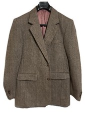 38S Brown Herringbone Wool Tweed Mens Blazer Jacket Sport Coat Leather Buttons