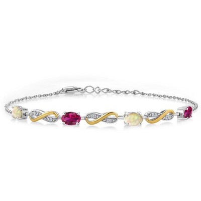 925 Silver and 10K Yellow Gold   White Ethiopian Opal Created Ruby and Lab