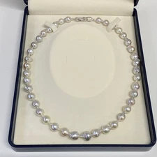 8-10.5mm Baroque silver Akoya pearl Necklace sterling silver Clasp,18.5"