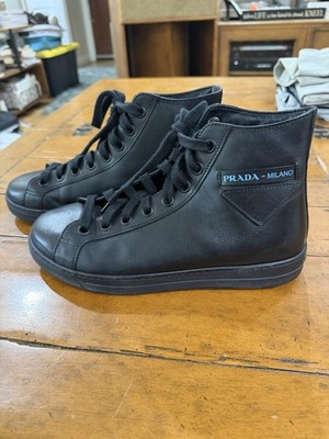 Prada Downtown Mirage Men s Black Leather High-Top Lace-Up Logo Sneaker 5.5M