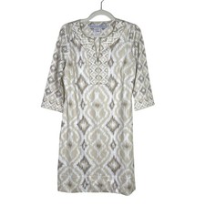 Gretchen Scott Kitt Ikat Shift Dress Geometric Artsy 3/4 Sleeve V Neck Size S
