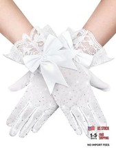 Women Lace Gloves Tea Party Wedding Gloves Bow Short Evening White Rhinestones