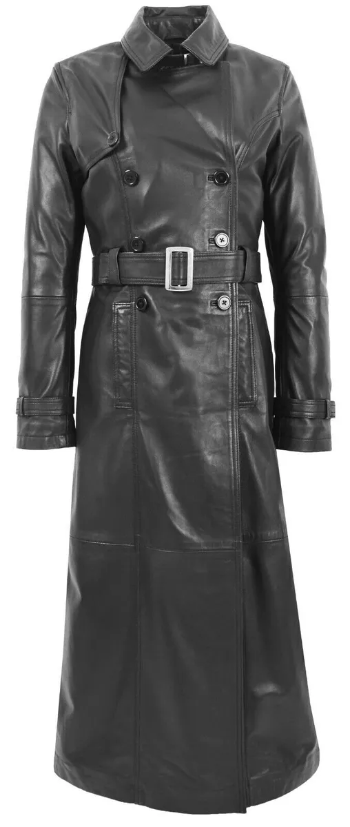 Luxury Women s Full Length Long Black Leather Coat Ankle Length Trench Overcoat