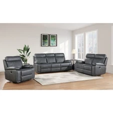 3PC Leather Power Reclining Sofa Set with USB Ports, Diamond Stitching, Gray
