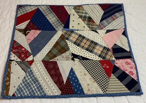 Vintage Antique Patchwork Quilt Table Topper, Crazy, Calico Patches, Blue, Multi - Picture 2 of 17