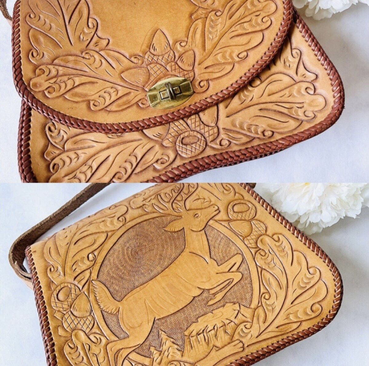 Vintage Hand Tooled Leather Purse Tan Fawn Deer Acorn Floral Western  Whipstitch