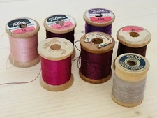 Antique 7-Piece Sewing Thread Set on Wood Spools Warm-Toned Pinks & Purples