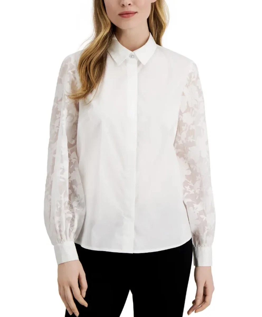 Alfani Women's White Lace-Sleeve Button-Up Shirt Collared Blouse Size M