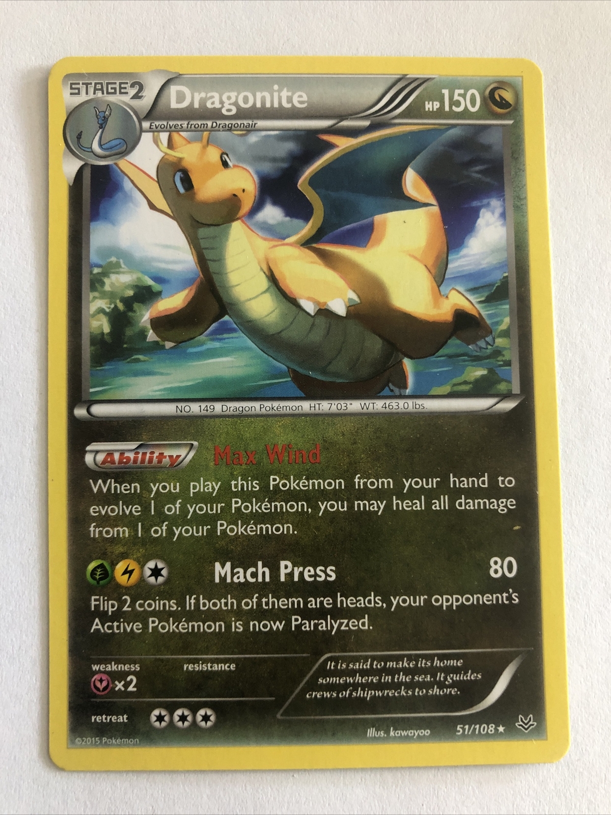 Pokemon Dragonite 51/108 Rare XY Roaring Skies 2015