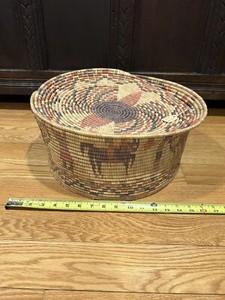 OLD BASKET FIGURAL BOWL Mexican HORSES PEOPLE Skinner 15 1/2”