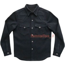 Men's Sashiko Work Shirt 14OZ Cotton Western Shirt Vintage Casual Coat Black Top
