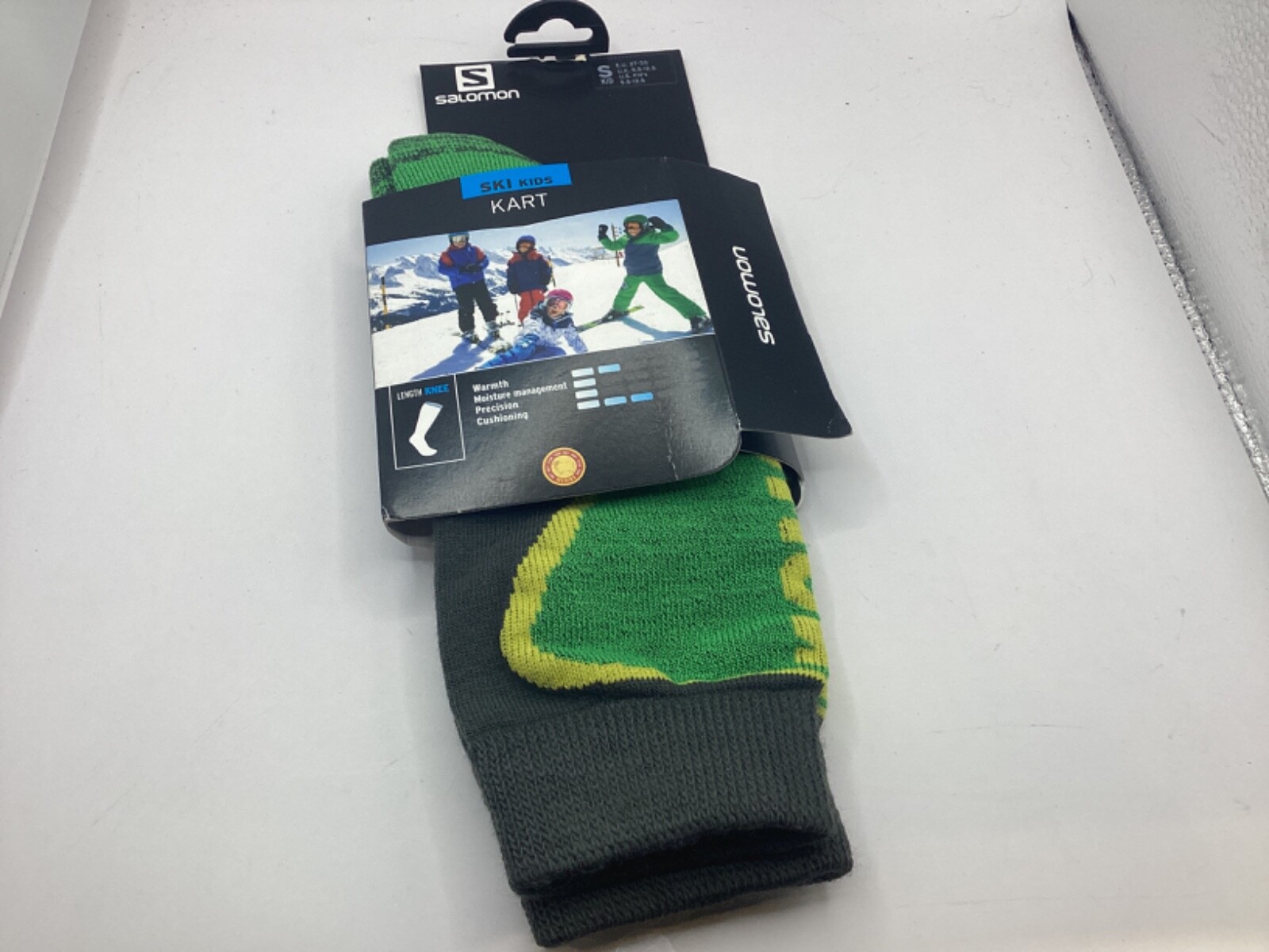 SALOMON CALZINI SCI KART NUOVI CON ETICHETTE TAGLIA BAMBINI SMALL C9.5 12.5UK 27 30EU GRIGIO VERDE YELLO