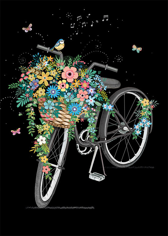 Flower Bike Gold & Silver Foil Embossed Blank Card by Bug Art
