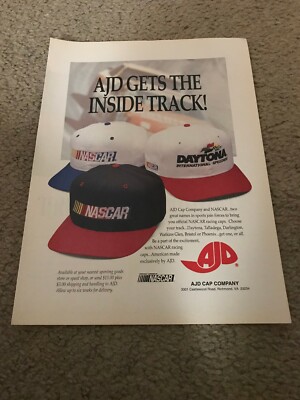 Vintage 1992 NASCAR AJD HAT Print Ad 1990s DAYTONA INTERNATIONAL SPEEDWAY RARE