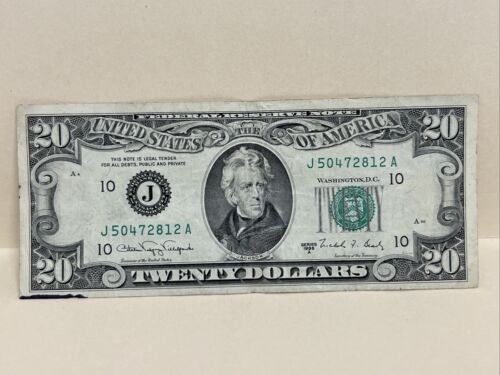 $20 Twenty Dollar Bill Federal Reserve Note 1988 A Kansas City J 50472812 A
