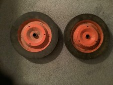 2 VINTAGE RED METAL WAGON CART WHEELS 9 3/4 Tall Hard Rubber