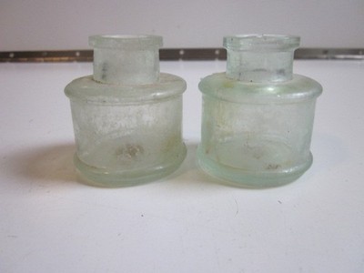 2 Antique small AQUA GLASS  INK BOTTLE HAND BLOWN 2'' TALL