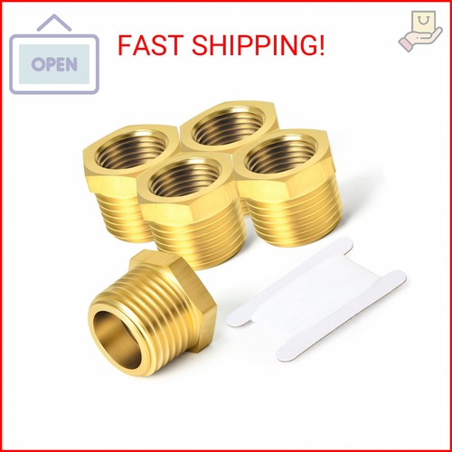 TAISHER 5PCS Brass Reducer Hex Bushing Threaded Pipe Fitting 3/8" NPT Male x 1/4