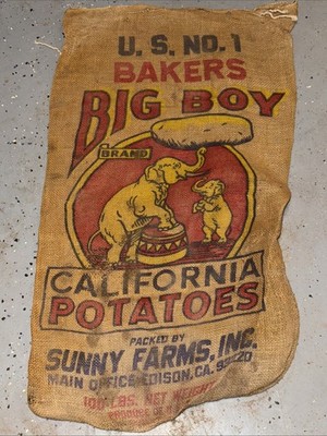 VTG Bakers Big Boy California Potatoes Burlap Bag 100 lb Gunny Sack Rare Antique