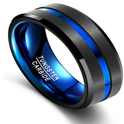 Vakki Ring Herren Damen 6mm 8mm Wolfram Schwarz Silber Blau Ehering Rille Kante