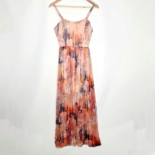 Valleygirl Size 10 Orange Abstract Sheer Adjustable Strap Short Lined Long Dress - Picture 1 of 14