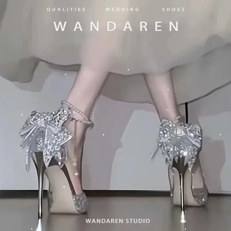 Navidad Nuevo Punta Boca Poco Profunda Temperamento Elegante Lentejuelas Arco Tacones Altos Para Foto 2 de 4