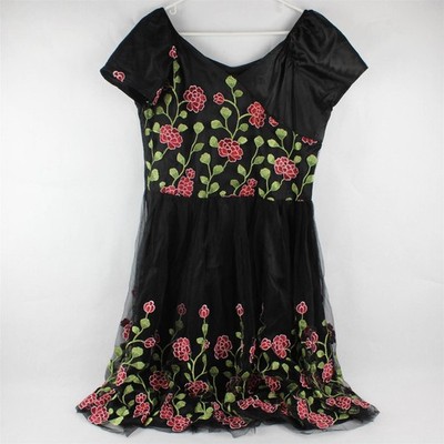 Neu Ibtom Castle Blumen Stickerei Schwarzes Tüll Midi Kleid Damen XL A-Linie