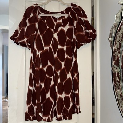 Anthropology Corey Lynn Calter rust  abstract Ikat Puff Sleeve A-Line Dress XS