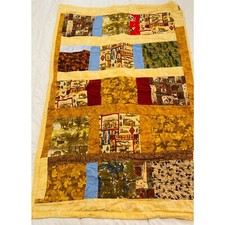 Baby Crib Brown Knit Satin Trim Square Patchwork Pattern Quilt Blanket
