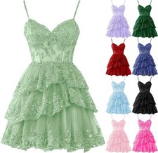 Women Sequined Lace Dress Tulle Layers Spaghetti Straps Short Prom Party Dress